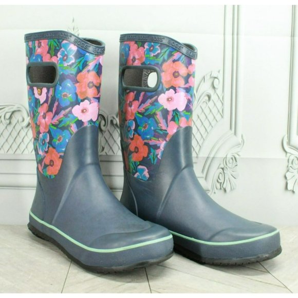 Bogs Pansies Blue Rubber Pull On Floral Waterproof Rain Boots Size 4 Youth - Picture 3 of 9